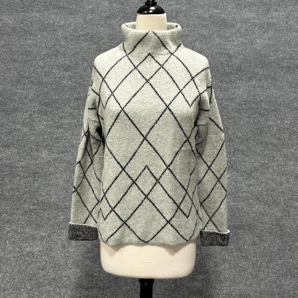 Christian Siriano Sweater Womens XS Gray Mock Neck Diamond Argyle Knit Pullover